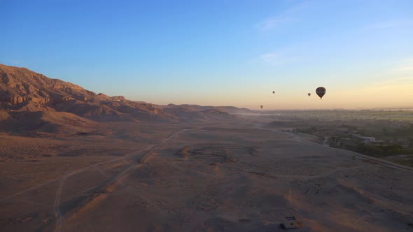 Aerial Riding Hot Air Balloon Over Luxor Egypt Valley Of The King Unesco Heritage Site At Sunrise