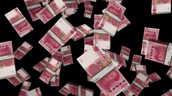 China Yuan 100 banknote packs falling loop