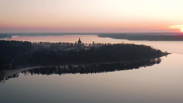 Aerial View Of Pazaislis Monastery Near Kaunas Lake In Lithuania