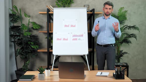 Confident coach trainer records online business webinar master class course alt