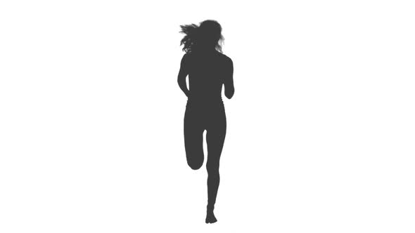 Black And White Silhouette Of Slim Sporty Fitness Woman Jogging, Alpha Channel