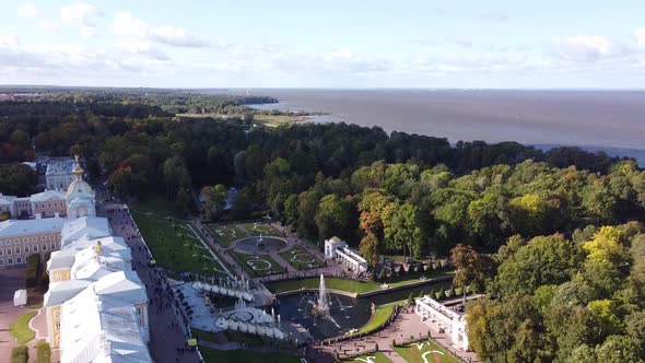 Aerial View of Peterhof Palace, with the Gardens, Parks, Water Fountains and Water Canals in the