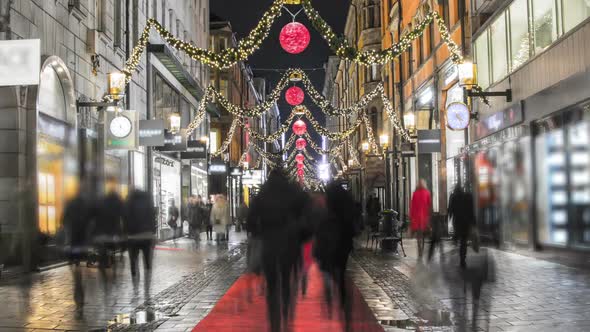 Busy Shopping Street with Christmas Decorations Time Lapse