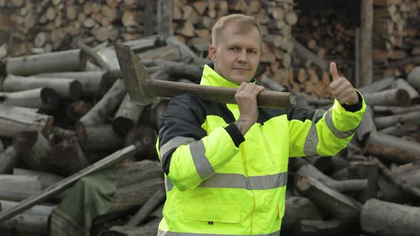 Man Lumberjack Woodcutter with Big Axe, Sawn Logs, Firewood Background. Thumb Up alt