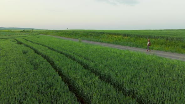 Young girl with a backpack near a farm with green energy windmills, aerial view alt