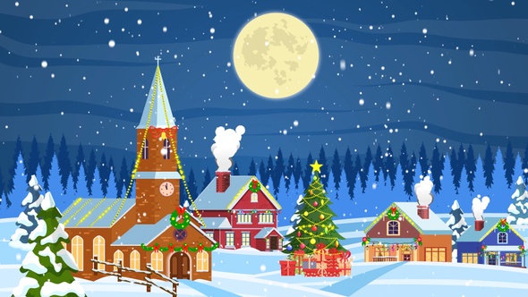 Christmas Village Church Colorful Night Lights - Christmas Cartoon Animations