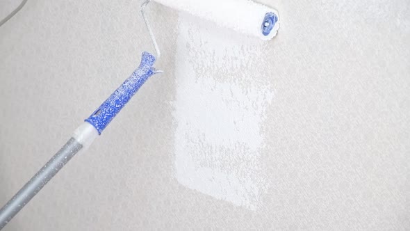 Painting the Walls Covered with Wallpaper with White Paint Using Roller