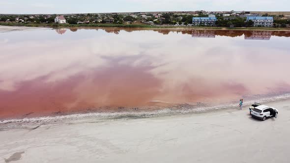 Beautiful View of the Salty Pink Lake in the Steppe Area July 15 2020 Crimea, Olenevka. The View alt