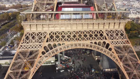 Drone View of the First Level of the Observation Deck of the Eiffel Tower