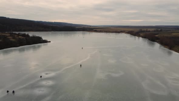 Aerial Of Fishermen At Frozen Lake