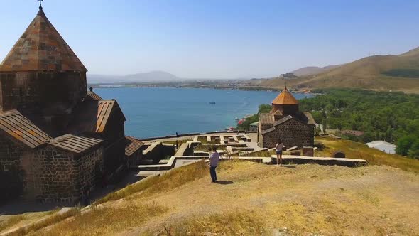 Drone Flying Over Sevanavank Monastery Complex, Sightseeing in Armenia, Religion alt