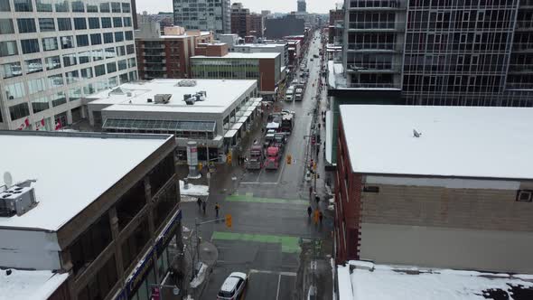 Aerial drone shot of rows of Freedom Convoy Trucks in Protest against the covid-19 vaccine mandate i alt