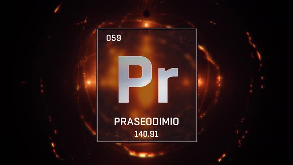 Praseodymium as Element 59 of the Periodic Table on Orange Background in Spanish Language