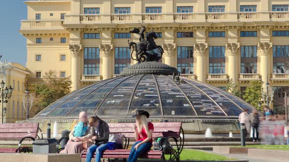 Glass Cupola Crowned By a Statue of Saint George, Patron of Moscow, at the Manege Square Timelapse alt