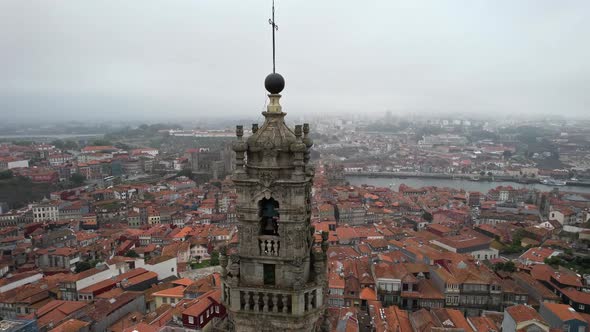 Circle Aerial View of Clerigos Tower Porto Portugal