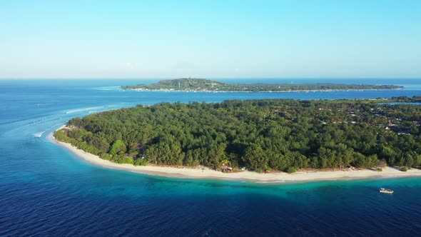 Aerial tourism of relaxing coast beach holiday by blue green lagoon with white sand background of a  alt