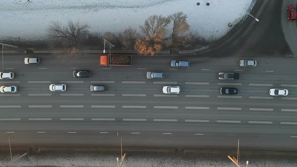 View From the Drone From Top To Bottom on the Highway in Winter