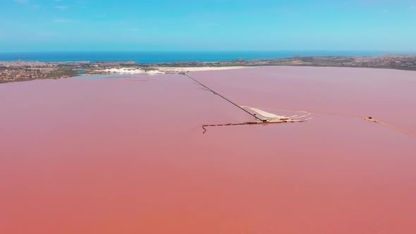 Panoramic Aerial View Video of Las Salinas, Bright Color Famous Place Pink Lake. Coastline of alt