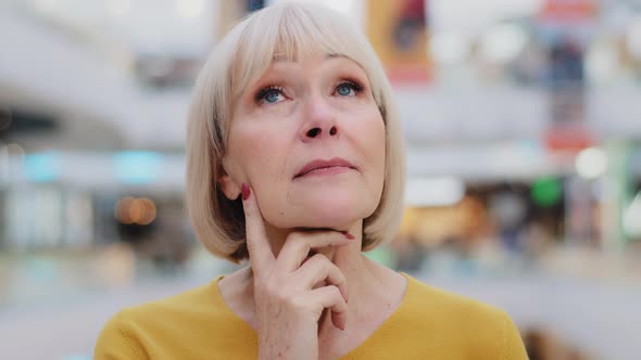 Closeup Focused Pensive Mature Caucasian Woman Standing Indoors Keeps Hand on Chin Thinks Elderly alt