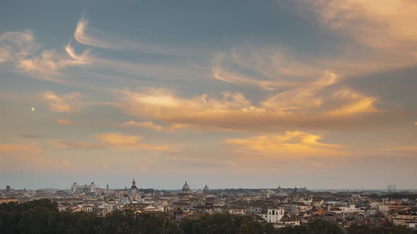 Rome, Italy Transition Day Evening To Night Timelapse. Moonrise Above Rome Skyline,