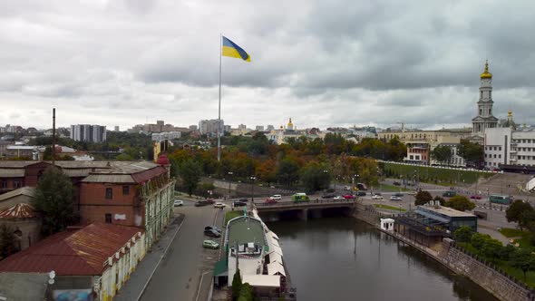 Flag of Ukraine, Kharkiv city center autumn aerial