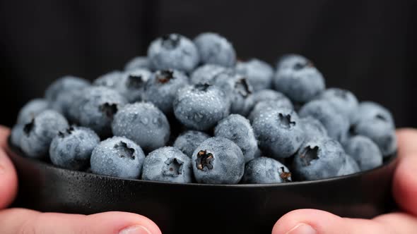 Female holding bowl with fresh blueberries fruits alt