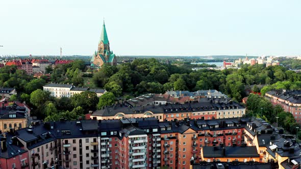 Stockholm, Sweden. Panoramic aerial flying drone view of Södermalm