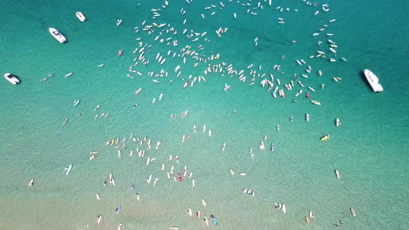 Beautiful clear water beach fly over of a large group  of paddle boarders paddling out. alt