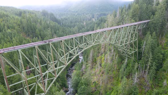Passing over the abandoned rail bridge crossing and a rugged forest canyon, Vance Creek, Washington alt