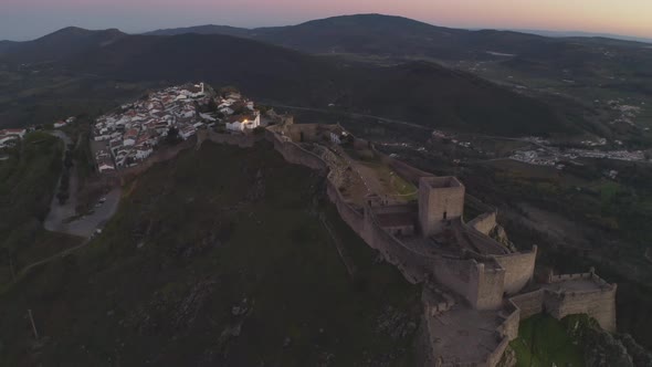 Aerial drone view of Marvao and the beautiful landscape of Serra de Sao Mamede mountains alt