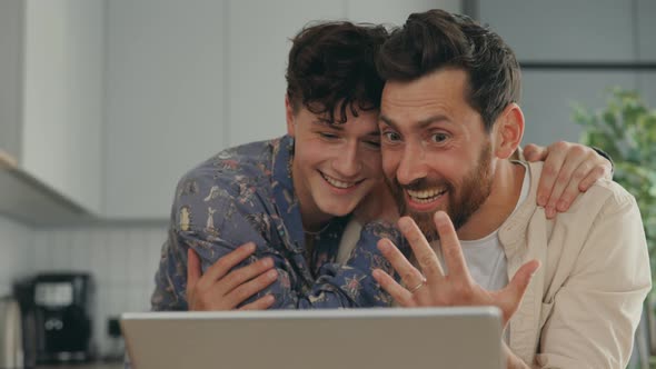 Lgbt Gays Couple Feeling Happy Cheerful Couple Using the Laptop for Video Call to Show the Proposal alt