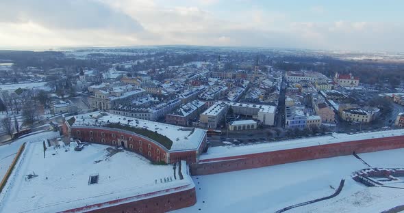 Winter aerial drone view of small town