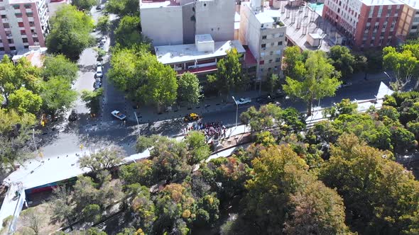 Bus stop, Road, Park Civic Center (Mendoza Argentina) aerial view, drone footage
