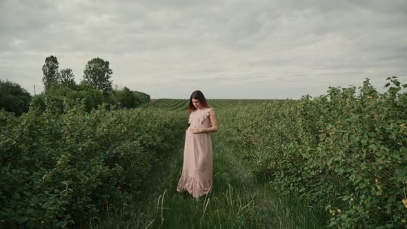 young pregnant woman with flowing hair in a long pink summer dress stands among rows of green plants