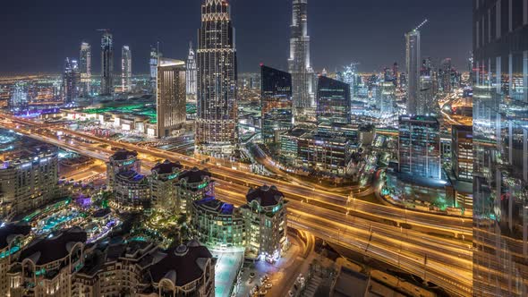 Dubai Downtown Skyline Night Timelapse with Tallest Building and Road Traffic UAE alt