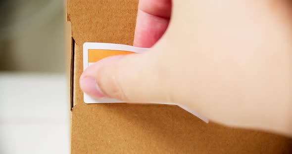 Hands applying MADE IN INDIA  flag label on a shipping cardboard box with products. Close up shot wi alt