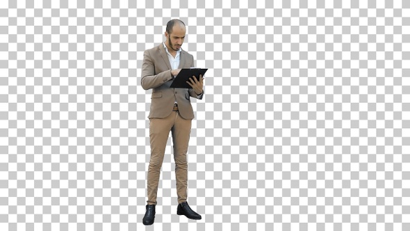 Concentrated businessman reading important report, Alpha Channel