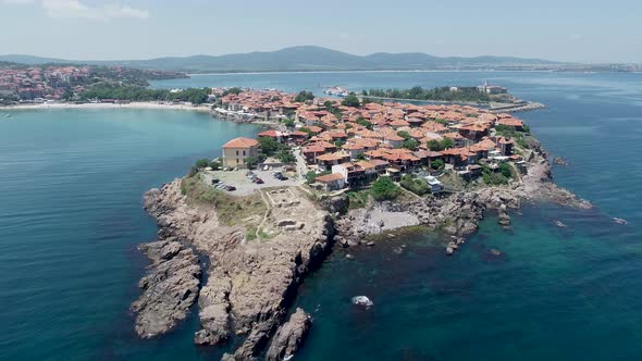 Aerial view of the old town of Sozopol. Sozopol is an ancient seaside town near Burgas, Bulgaria alt