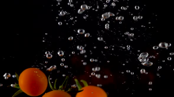 Group of fresh tomatoes falling into water with splash. Red tomato drop in water with bubble. alt