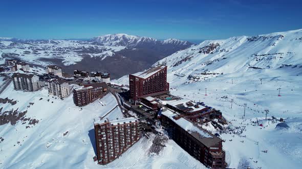 Panoramic view of Ski station centre resort at snowy Andes Mountains. alt