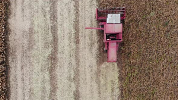 Top Down Aerial View Of Combine Harvester Collecting Crop On Field At Sunset In Autumn 