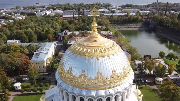 Aerial View of Orthodox Naval Cathedral of St. Nicholas. Built in 1903-1913. Kronshtadt, St