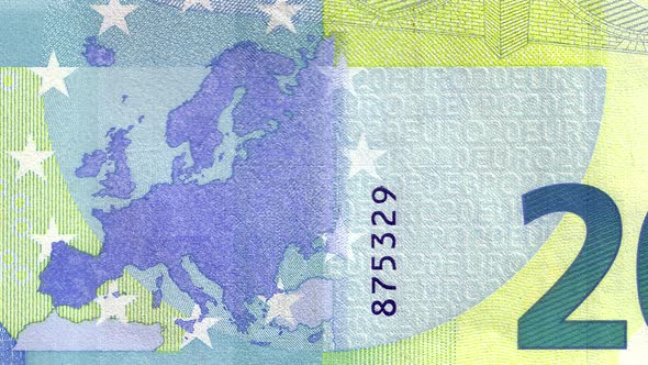 20 euro close-up motion background. Twenty euro cash money macro view