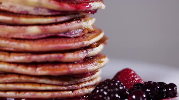 Breakfast Pancakes with Sweet Berry Syrup, Tasty Stack of Pancakes in Jam, Food alt