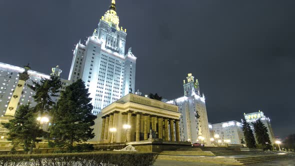 The Main Building Of Moscow State University On Sparrow Hills At Winter Timelapse Hyperlapse at alt