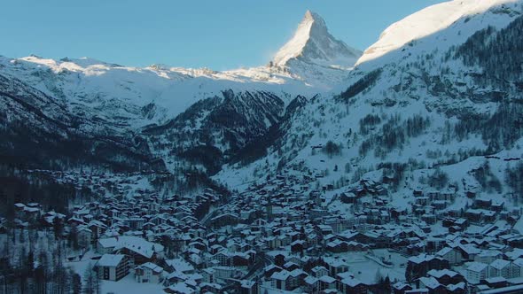 Zermatt Village and Matterhorn Mountain at Winter Morning. Swiss Alps, Switzerland. Aerial View alt