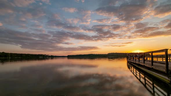 Sunset Sky Over Lake Time Lapse. Clouds Reflecting in Calm Water. Lake Wdzydze, Kashubia,Poland.