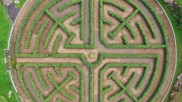 High angle aerial vertical view of a garden labyrinth made of perfect cut bushes alt