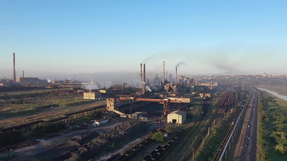 Smog - city air pollution. A bird's eye view of the Steel Factory