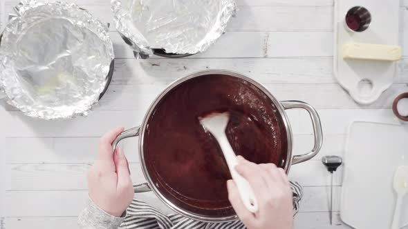 Flat lay. Step by step. Mixing ingredients in the cooking pot to make simple chocolate fudge alt